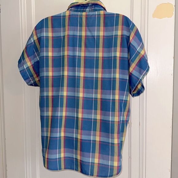 Vtg 80s Blue, Yellow, Pink & Lavender Plaid Button-Up Oversize Cap Sleeve Shirt - Picture 7 of 7